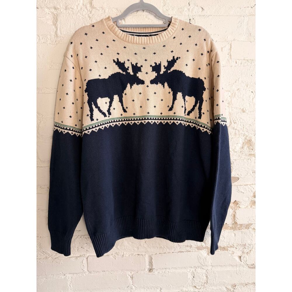 Vintage Wilderness Moose Nordic Fair Isle Knit Sweater XL Navy Graphic Pullover - Picture 1 of 8